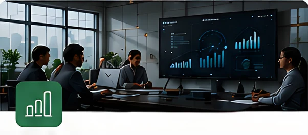 A portfolio review meeting, charts on the screen.
