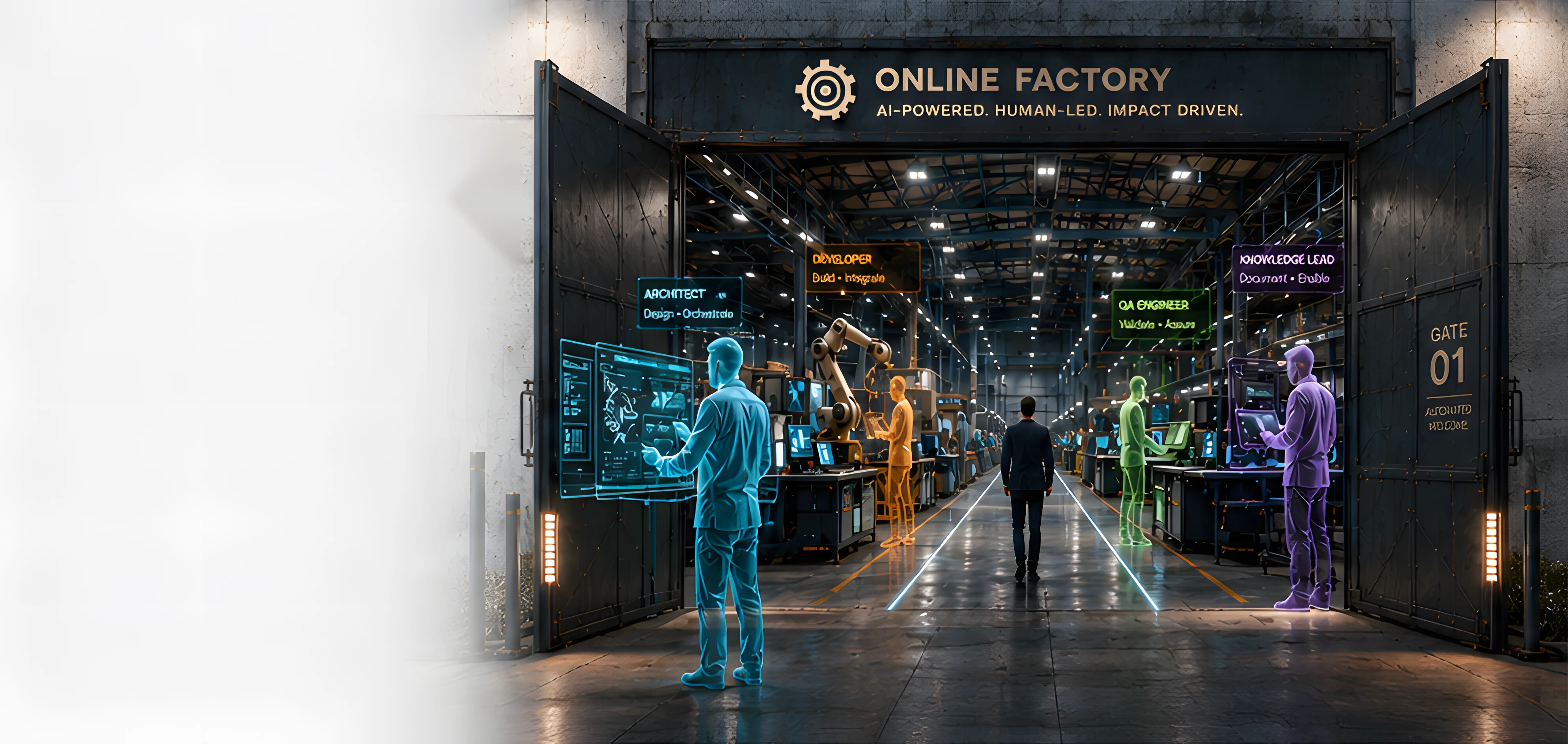 The factory gates standing open, the crew at work on the floor beyond them: architect, developer, QA engineer and knowledge lead.
