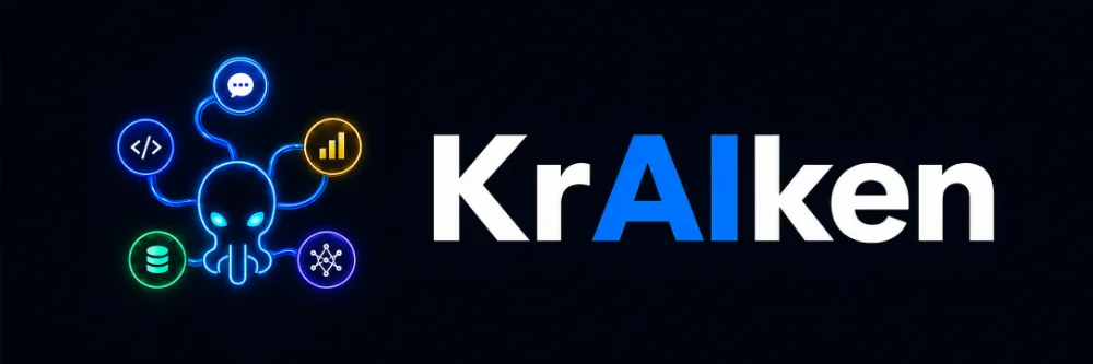 The KrAIken wordmark: a kraken head whose tentacles curve out to circular tokens for code, chat, data, analytics and orchestration.